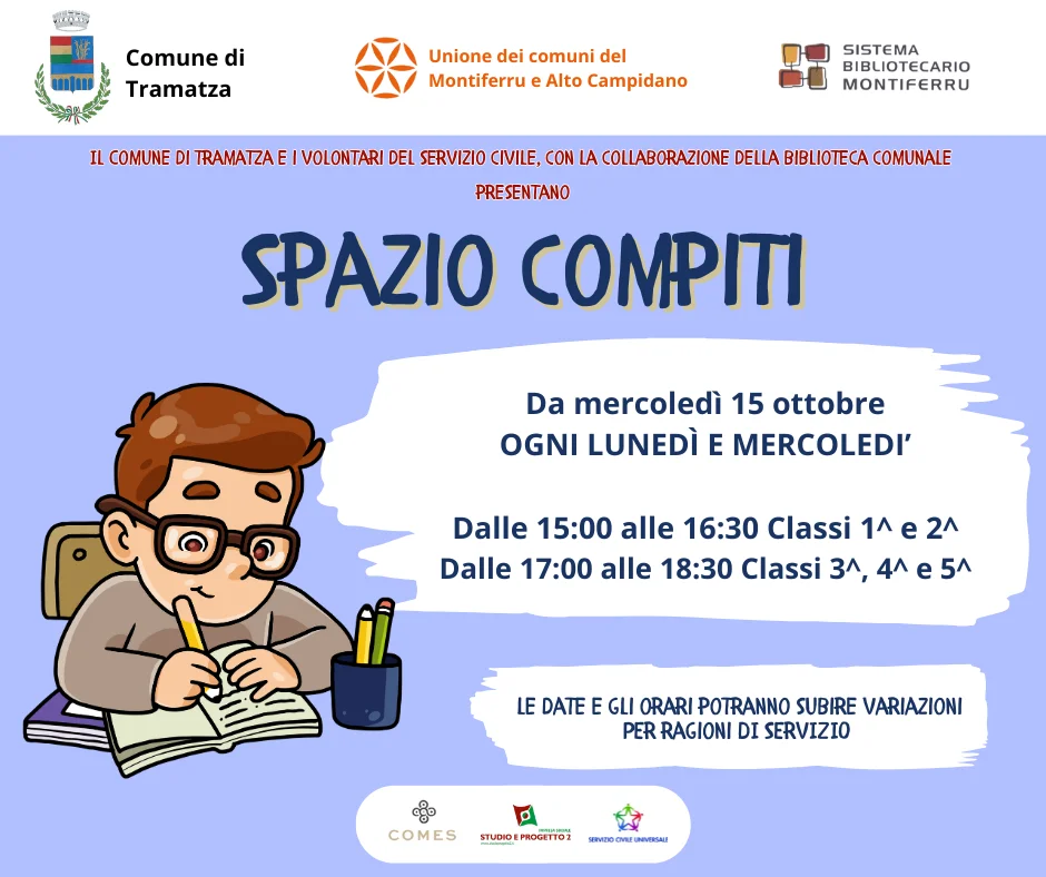 Avvio servizio spazio compiti presso la biblioteca comunale Avvio servizio spazio compiti presso la biblioteca comunale