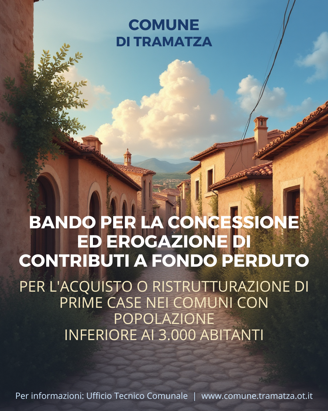 BANDO PUBBLICO PER LA CONCESSIONE ED EROGAZIONE DI CONTRIBUTI A FONDO PERDUTO PER L'ACQUISTO O RISTRUTTURAZIONE DI PRIME CASE NEI COMUNI CON POPOLAZIONE INFERIORE AI 3.000 ABITANTI